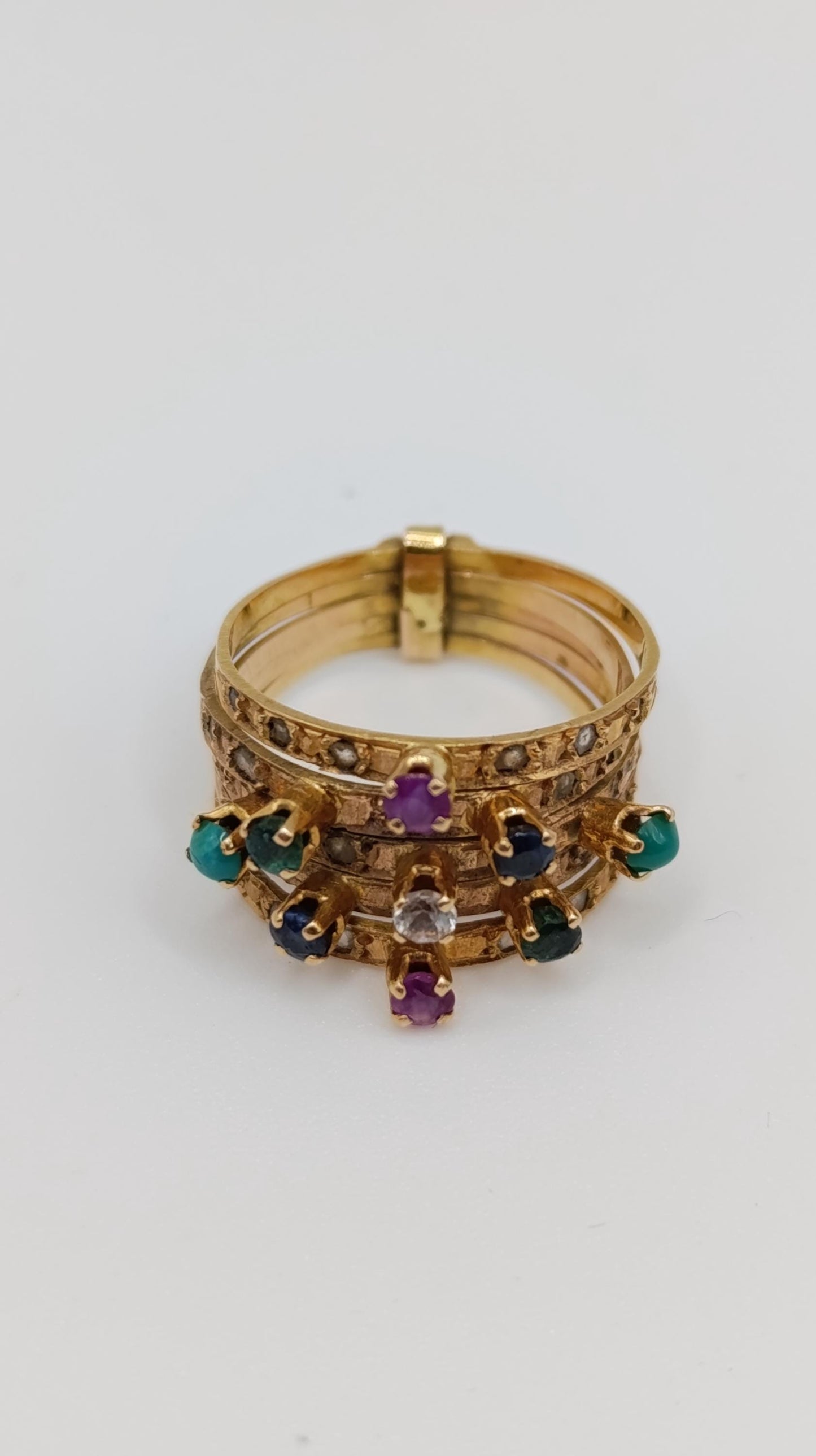 Edwardian 18ct Gold Multi-Gem Stacking Harem Ring Set with Rose Cut Diamonds