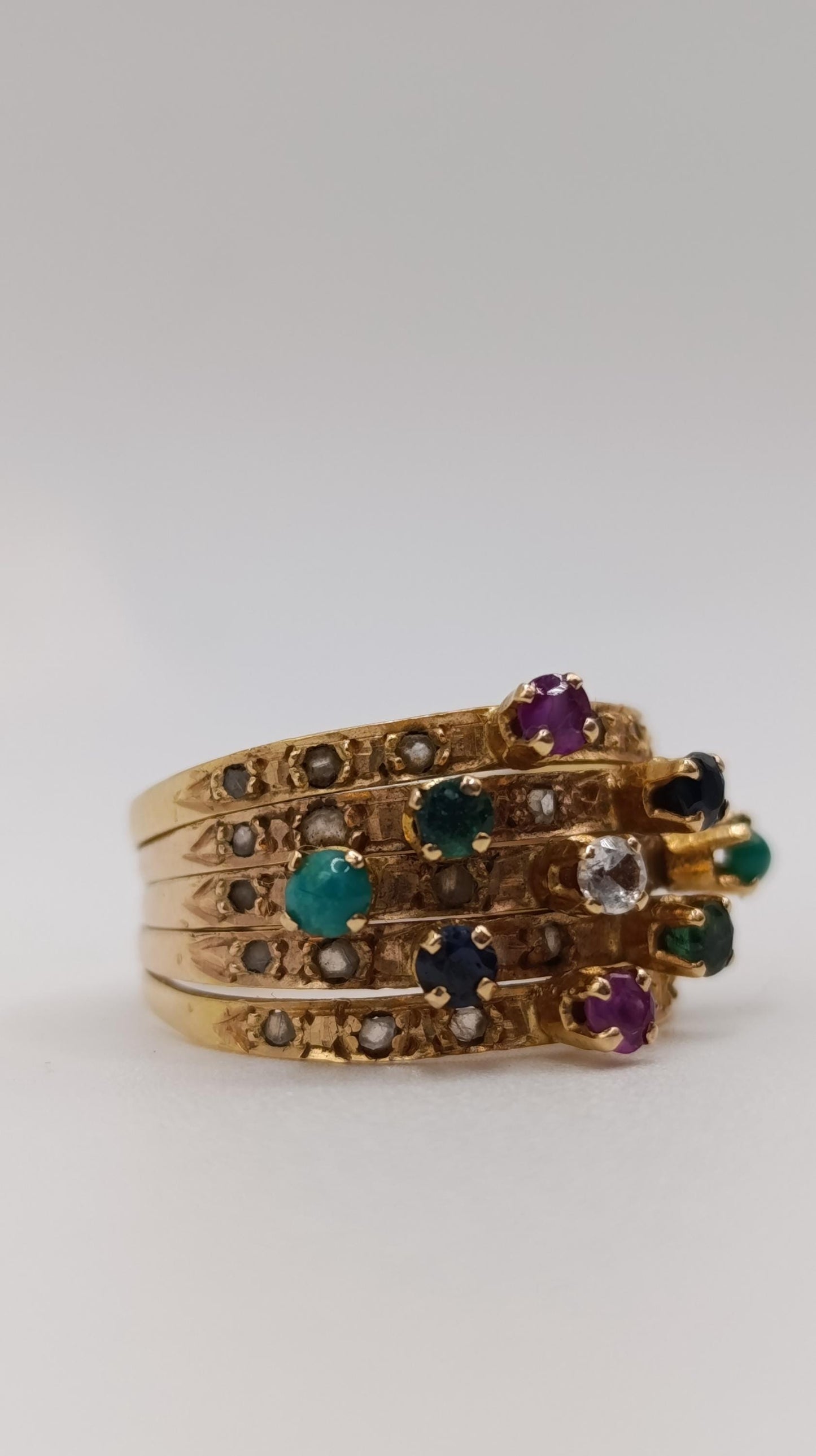Edwardian 18ct Gold Multi-Gem Stacking Harem Ring Set with Rose Cut Diamonds