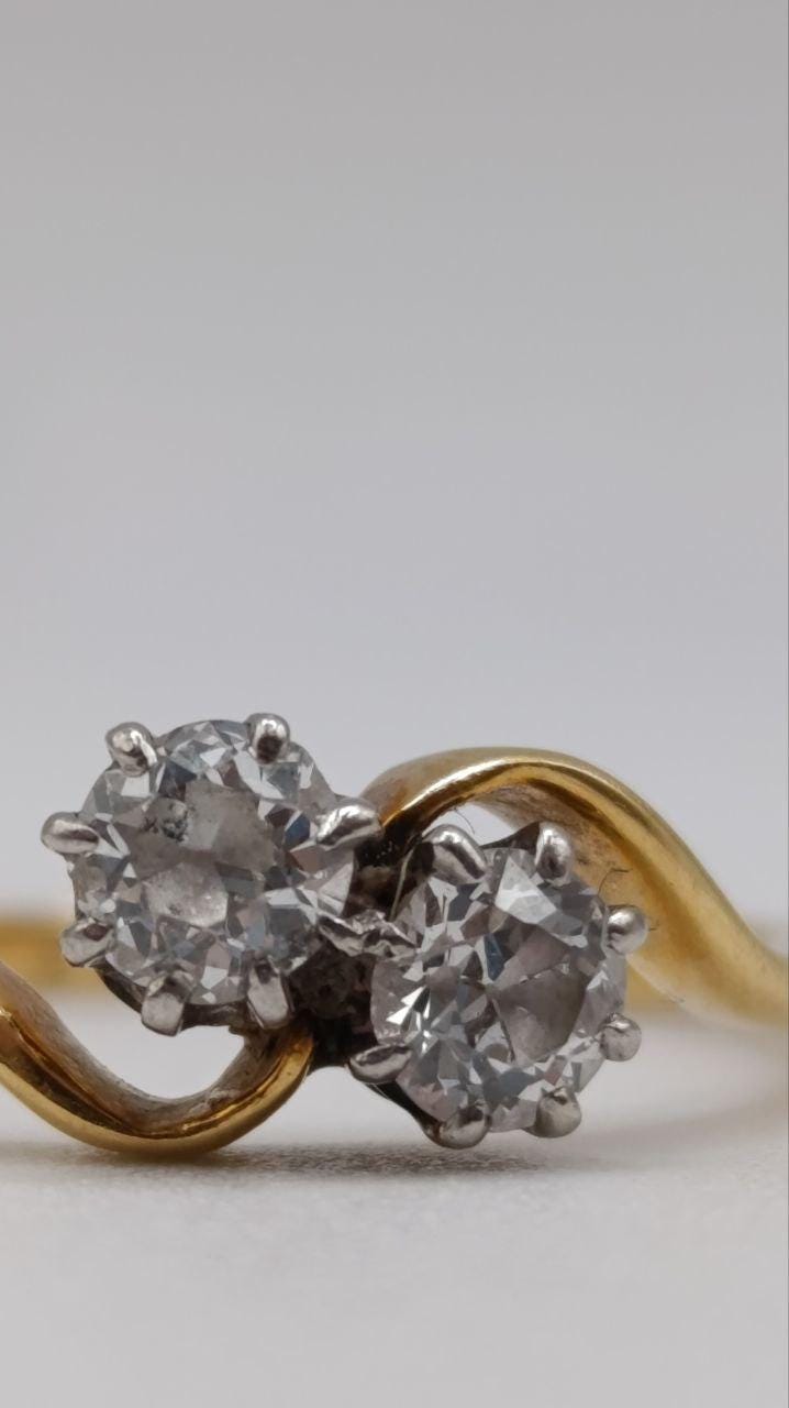 Antique 18ct Gold & Platinum Two-Stone “Toi et Moi” Diamond Ring, Size O