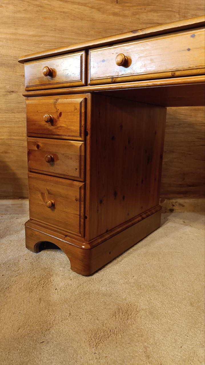 British Ducal Solid Pine Pedestal Desk with Tooled Leather Top