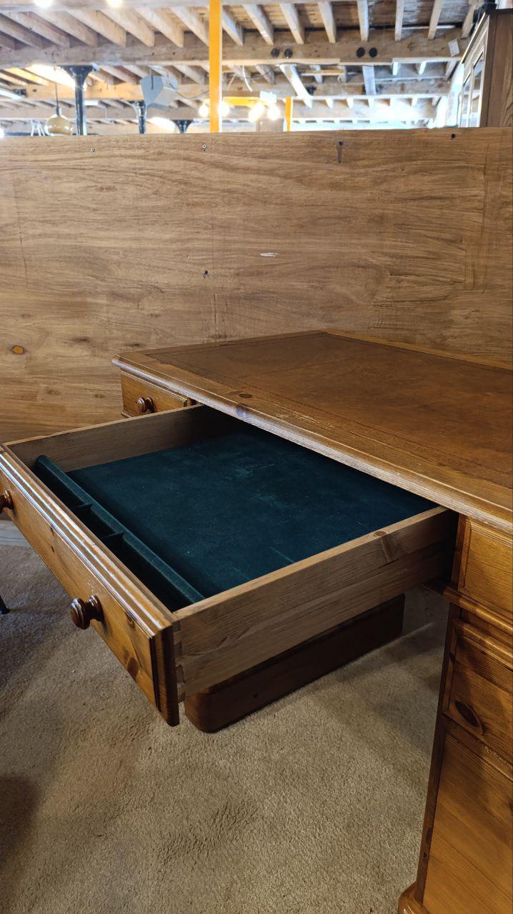 British Ducal Solid Pine Pedestal Desk with Tooled Leather Top