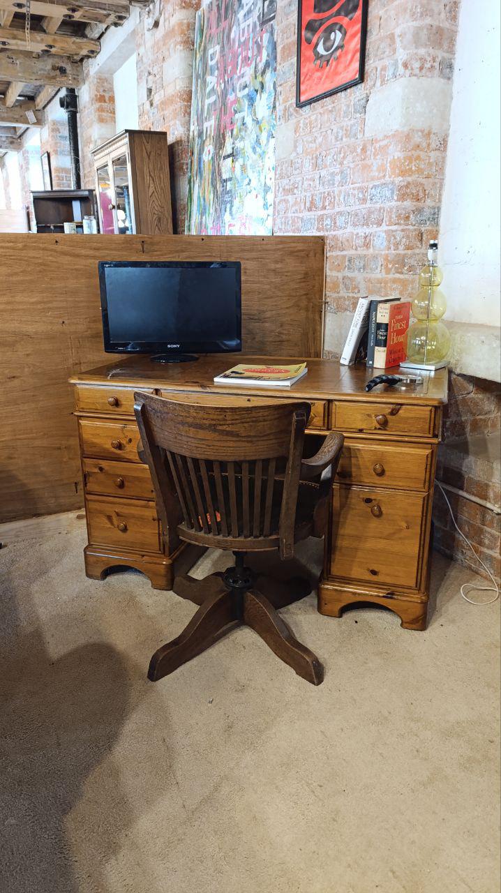 British Ducal Solid Pine Pedestal Desk with Tooled Leather Top