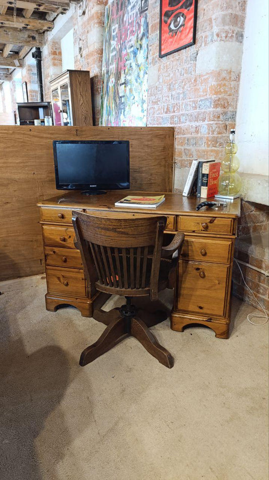 British Ducal Solid Pine Pedestal Desk with Tooled Leather Top
