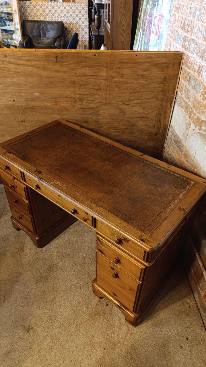 British Ducal Solid Pine Pedestal Desk with Tooled Leather Top