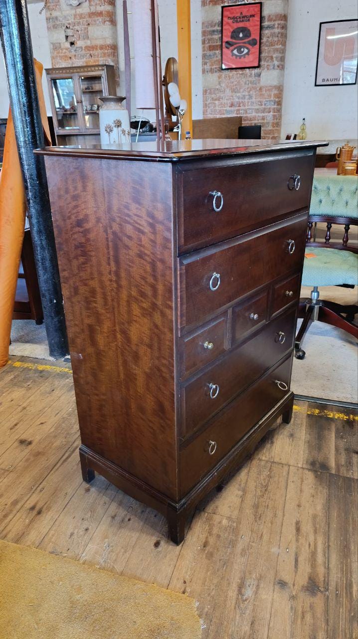 STAG Minstrel Tallboy Chest of Drawers - Mahogany & Brass