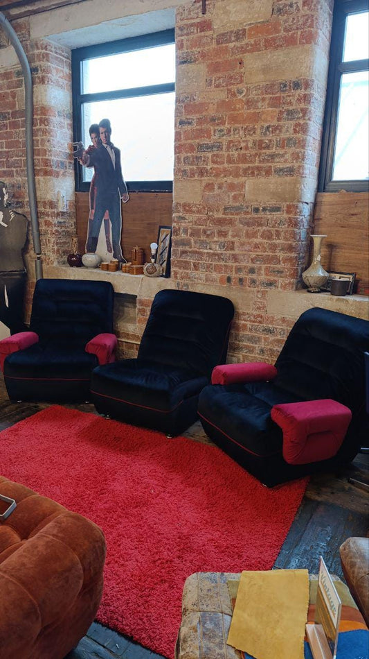 Vintage 1970s Modular Lounge Suite in Black Velvet with Raspberry Detailing