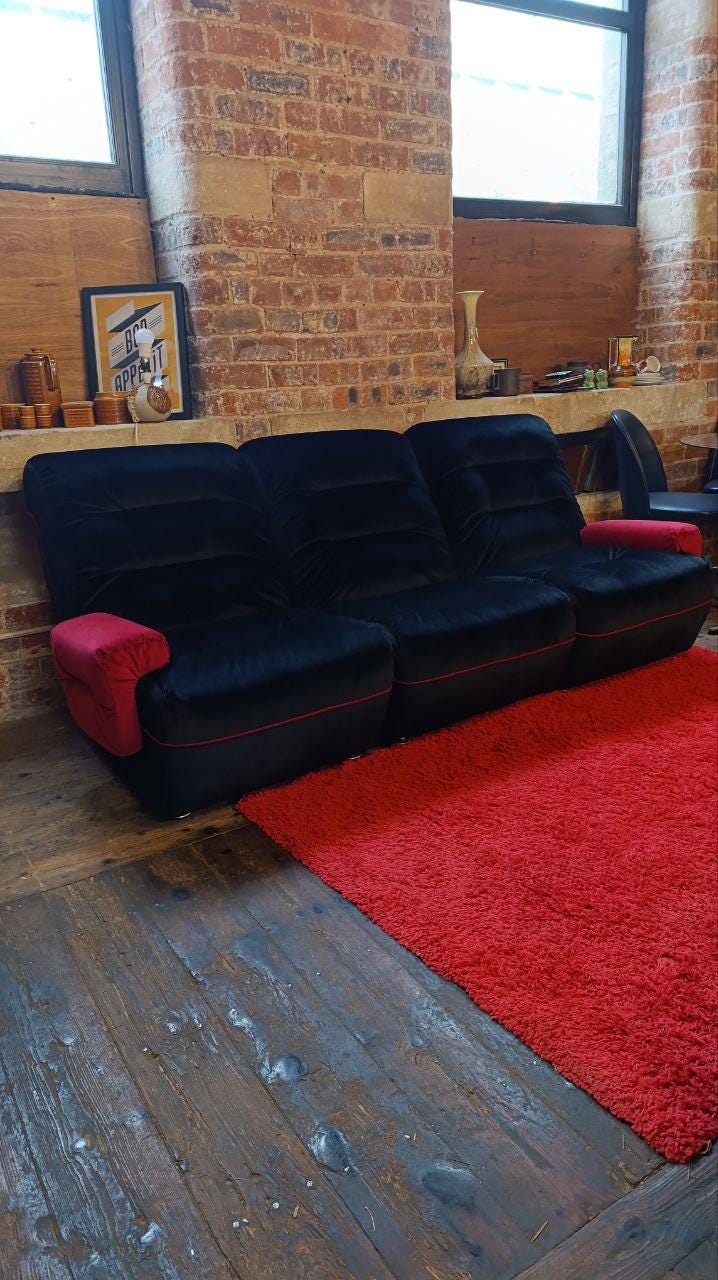 Vintage 1970s Modular Lounge Suite in Black Velvet with Raspberry Detailing