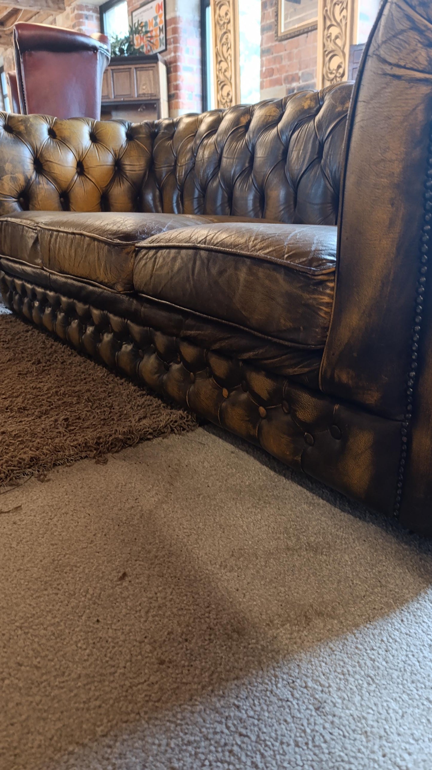 Vintage Tan Leather Chesterfield Sofa with Deep Button Tufting