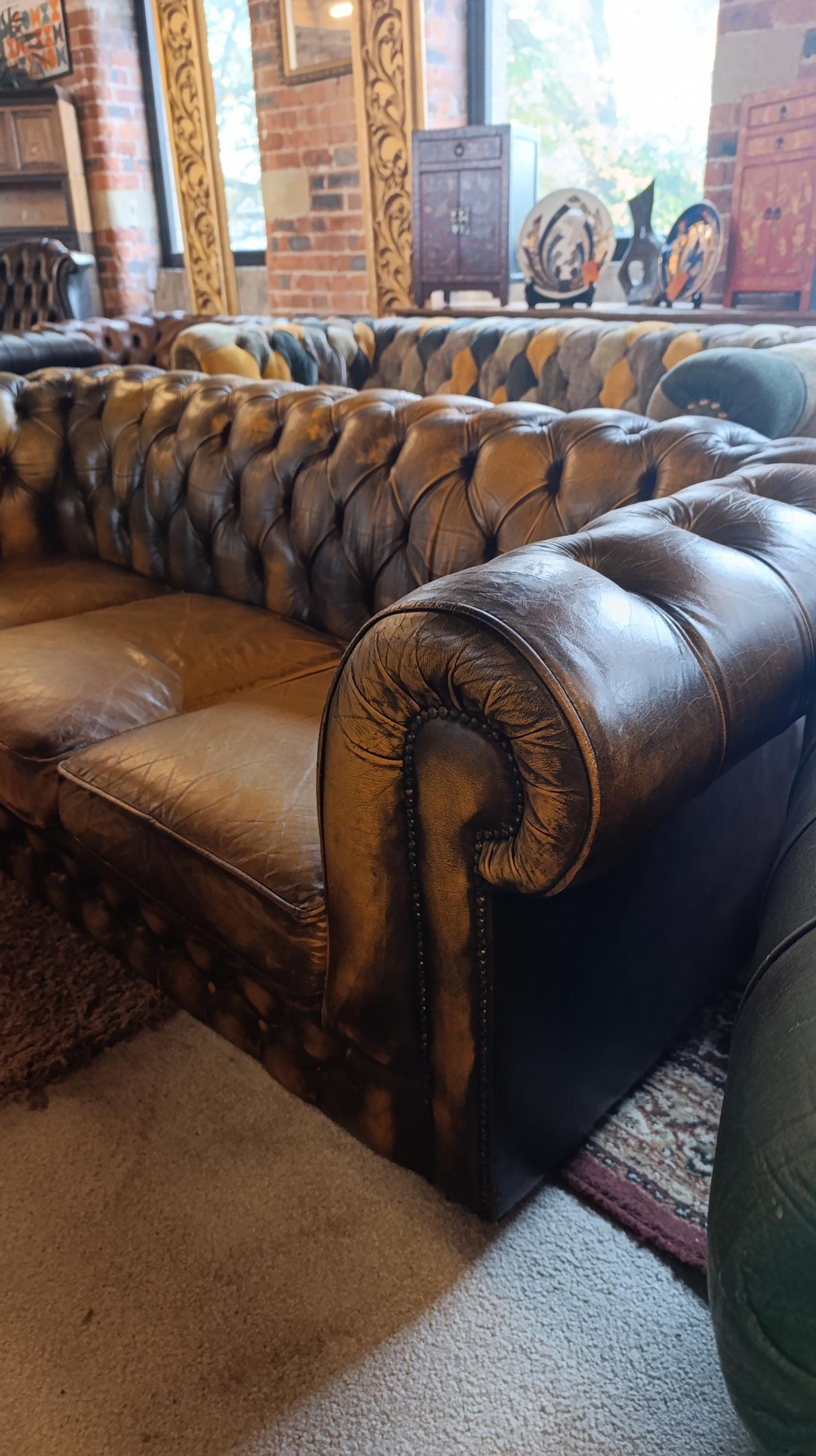 Vintage Tan Leather Chesterfield Sofa with Deep Button Tufting