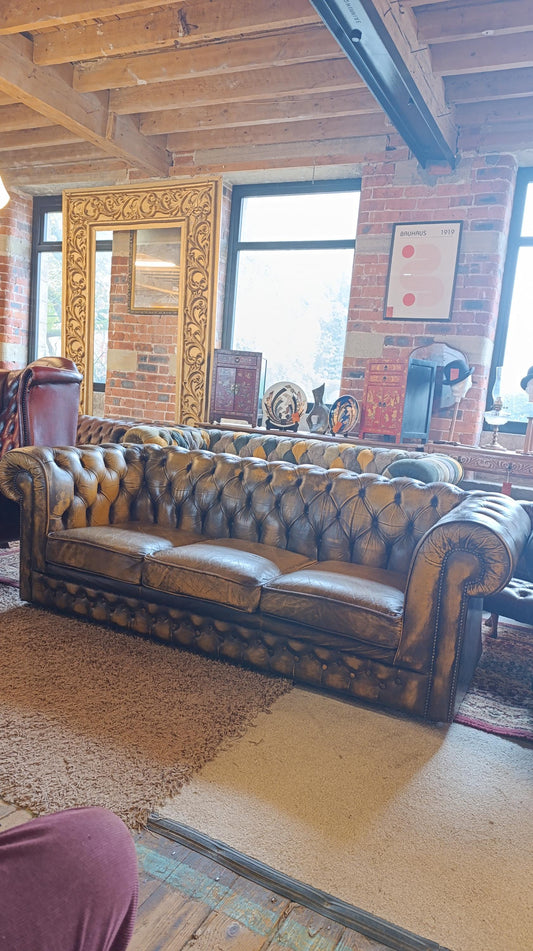 Vintage Tan Leather Chesterfield Sofa with Deep Button Tufting