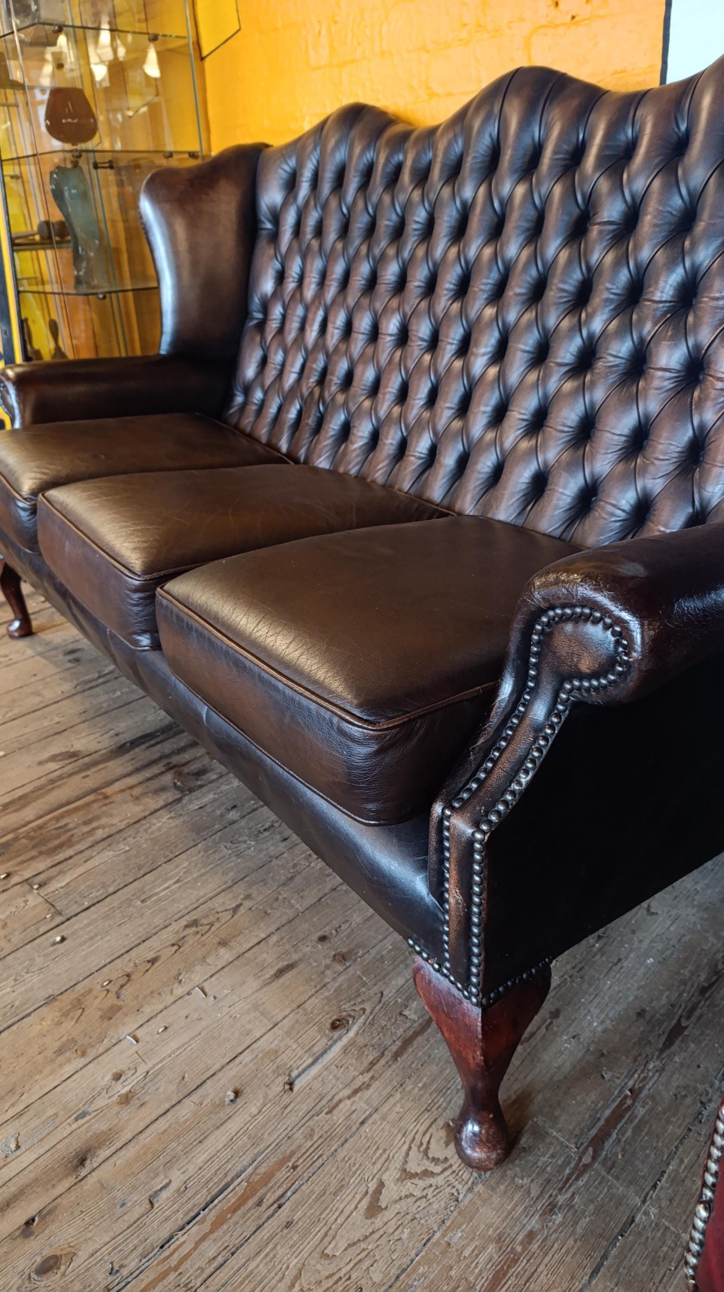 Vintage High-Back Leather Chesterfield Wingback Sofa