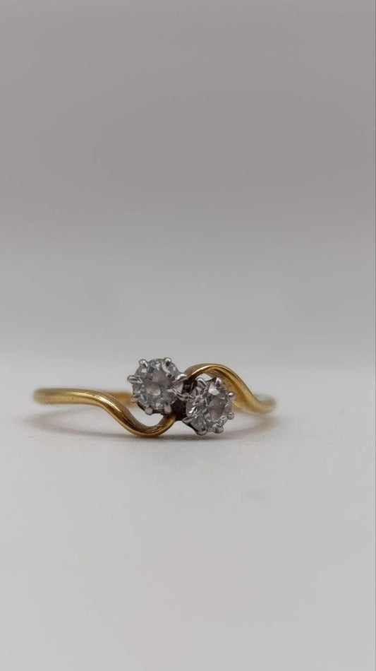Antique 18ct Gold & Platinum Two-Stone “Toi et Moi” Diamond Ring, Size O