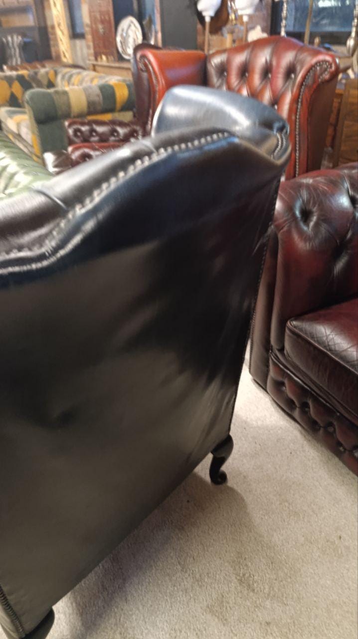 Blue Leather Chesterfield Armchair, Queen Anne Legs, Mid-Century Wingback