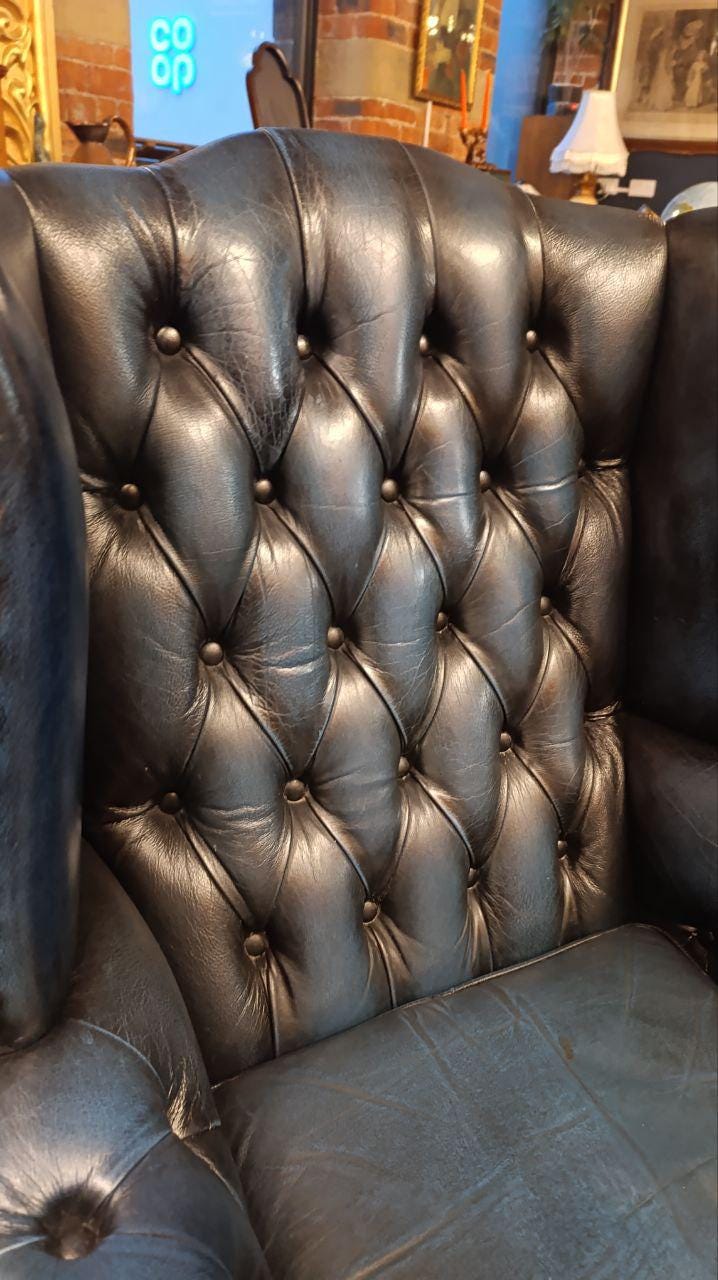 Blue Leather Chesterfield Armchair, Queen Anne Legs, Mid-Century Wingback