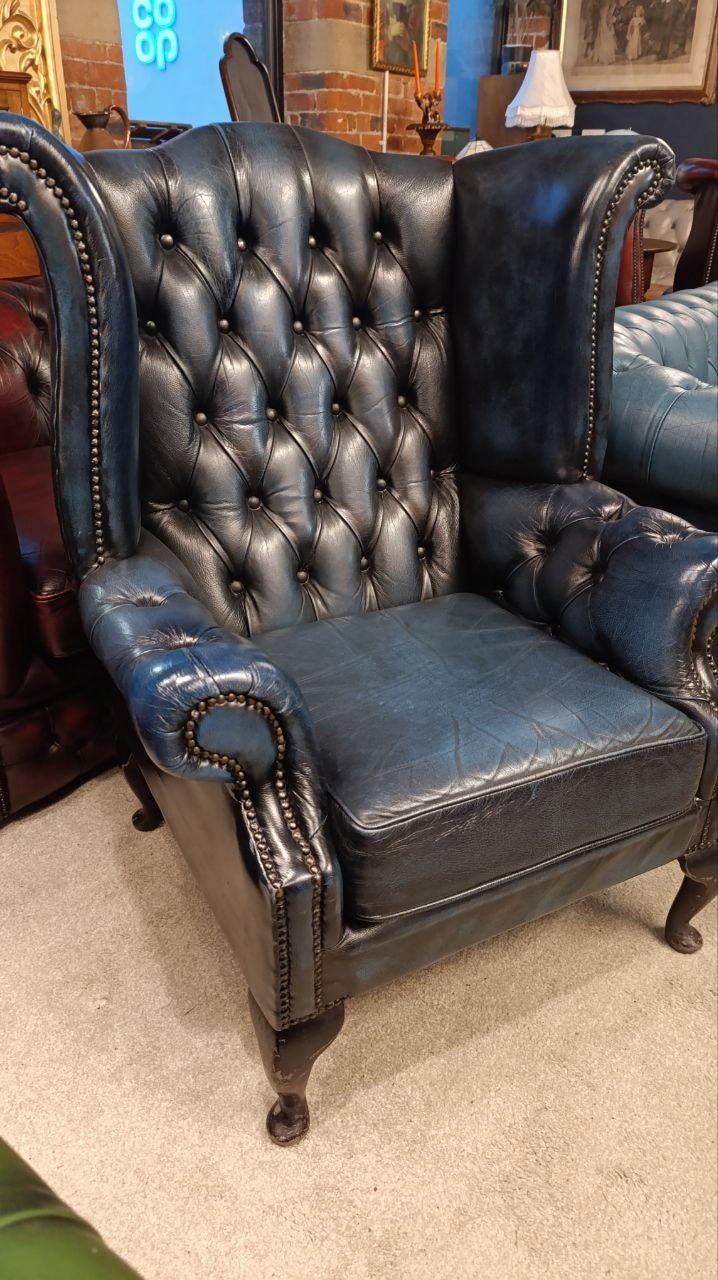 Blue Leather Chesterfield Armchair, Queen Anne Legs, Mid-Century Wingback