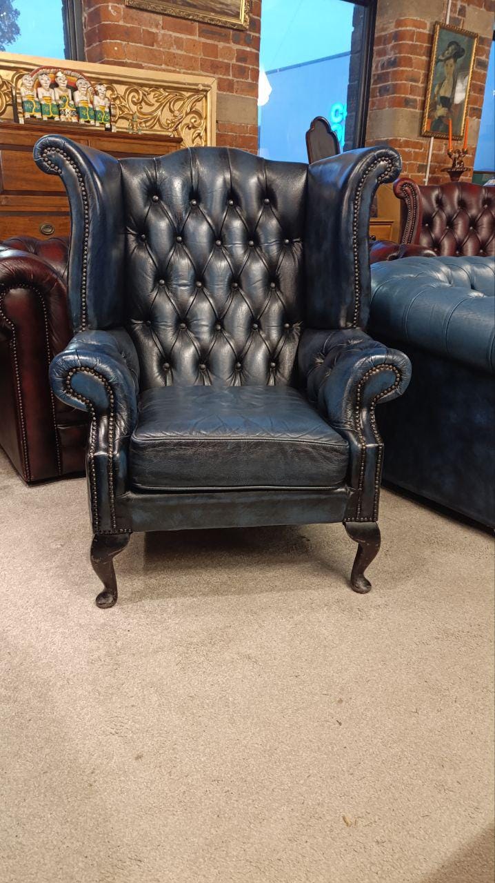 Blue Leather Chesterfield Armchair, Queen Anne Legs, Mid-Century Wingback