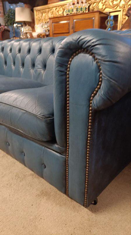 Blue Leather Chesterfield Sofa, Hand-Dyed, Late 20th Century