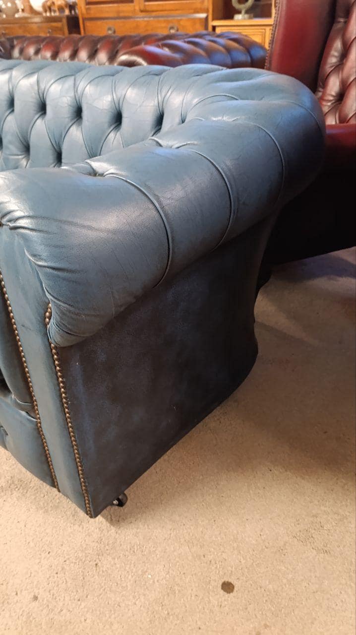 Blue Leather Chesterfield Sofa, Hand-Dyed, Late 20th Century