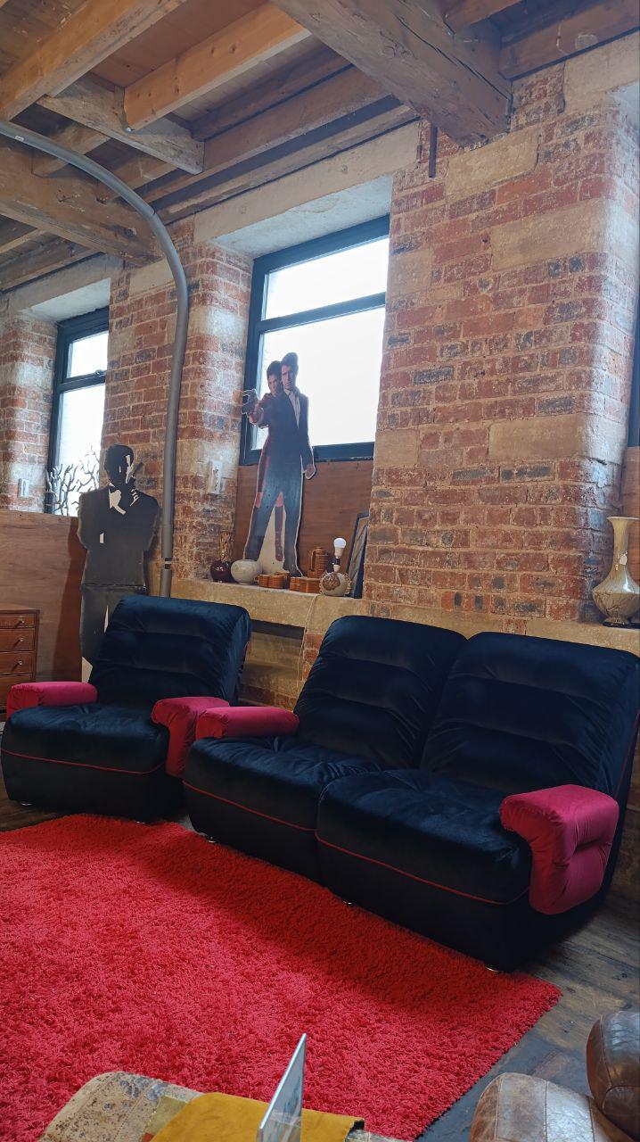 Vintage 1970s Modular Lounge Suite in Black Velvet with Raspberry Detailing