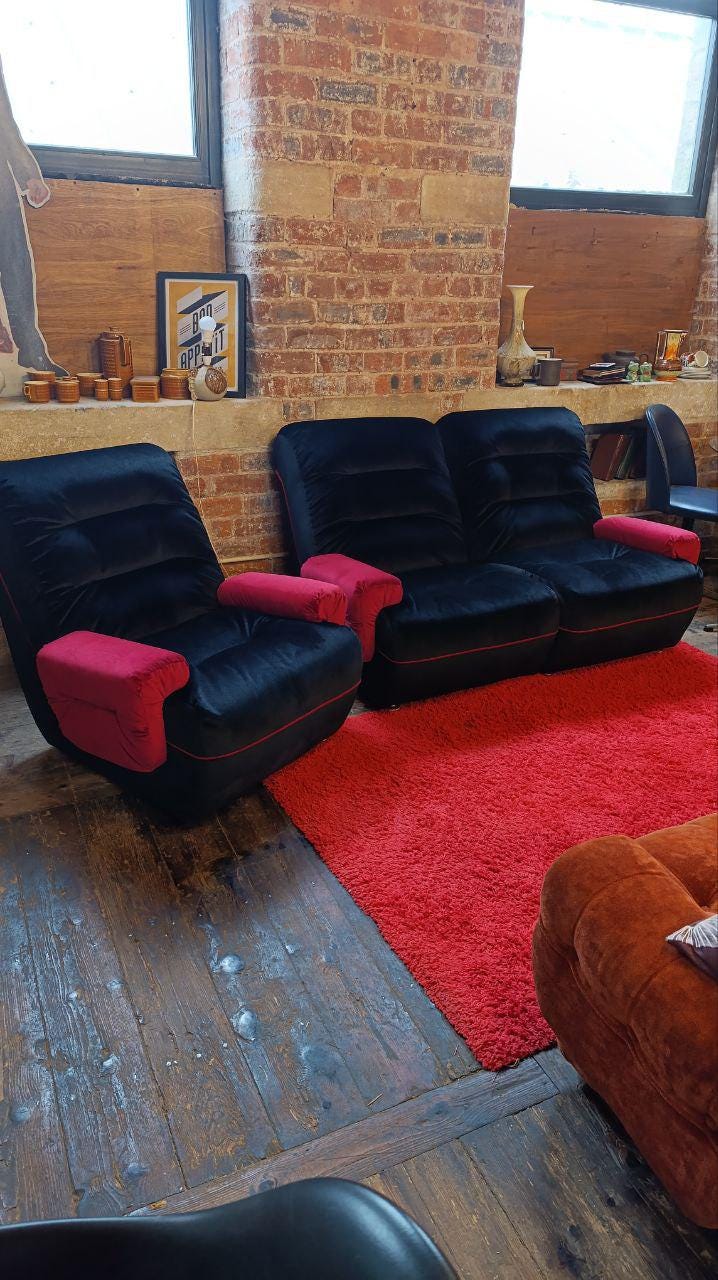 Vintage 1970s Modular Lounge Suite in Black Velvet with Raspberry Detailing