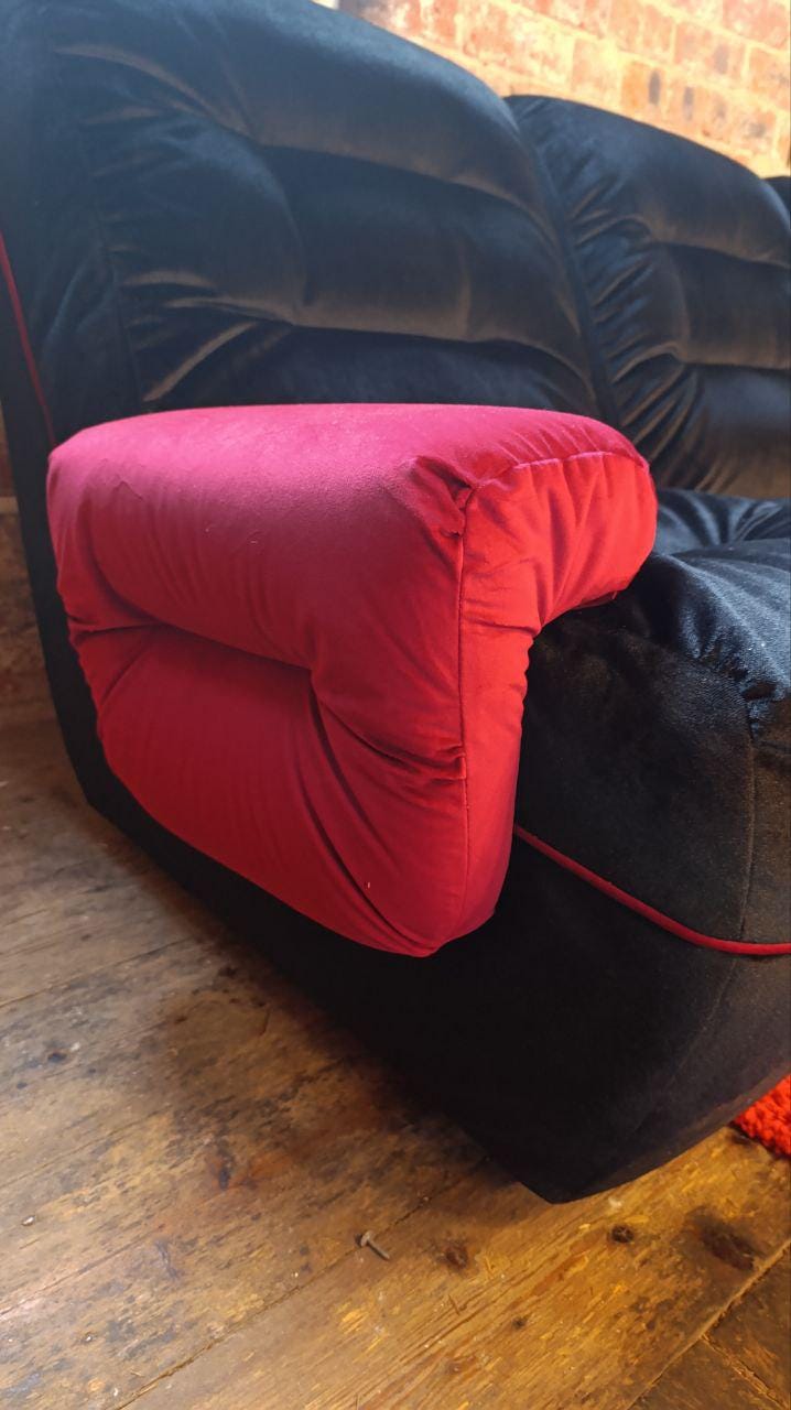 Vintage 1970s Modular Lounge Suite in Black Velvet with Raspberry Detailing