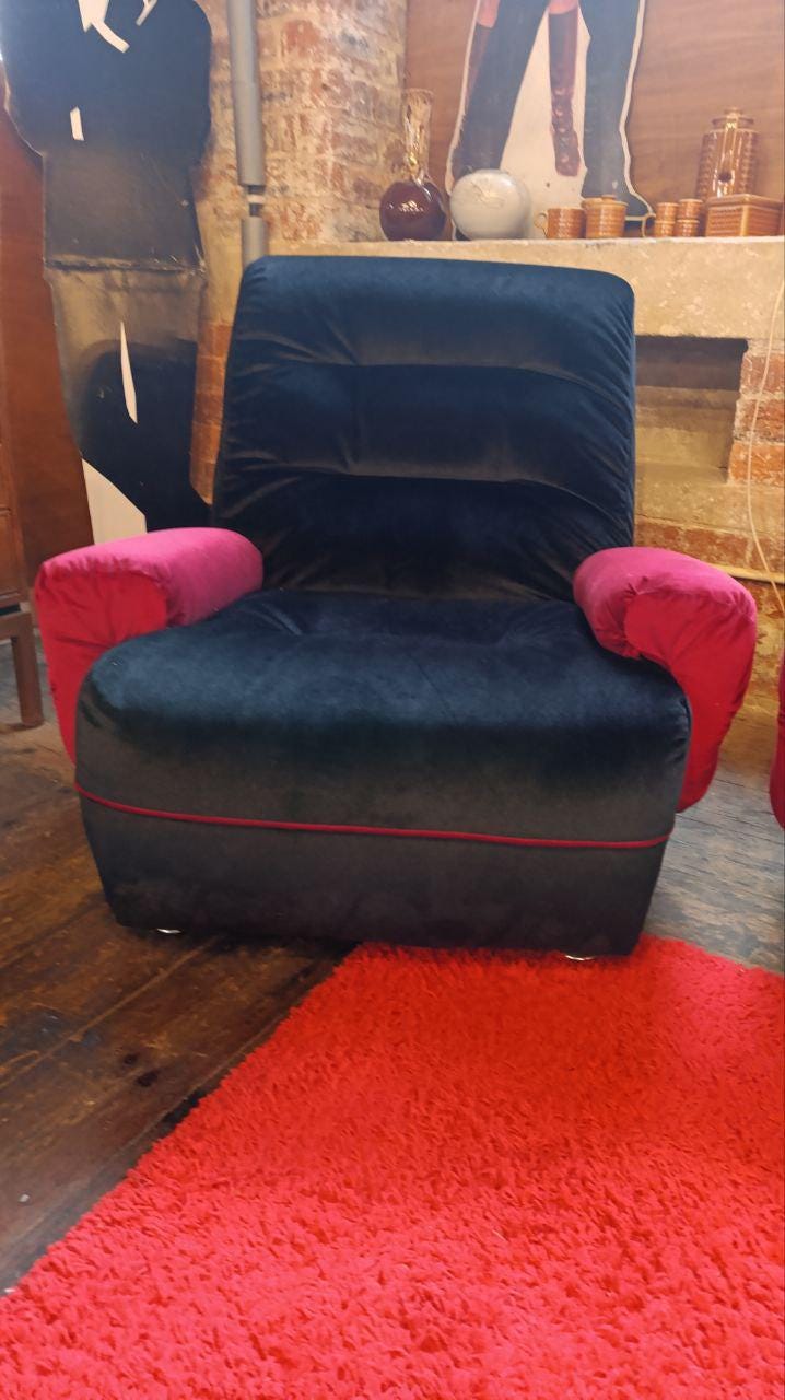 Vintage 1970s Modular Lounge Suite in Black Velvet with Raspberry Detailing