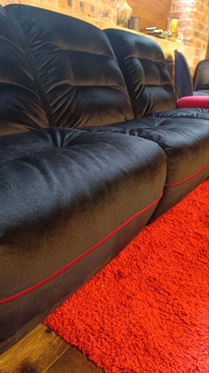 Vintage 1970s Modular Lounge Suite in Black Velvet with Raspberry Detailing