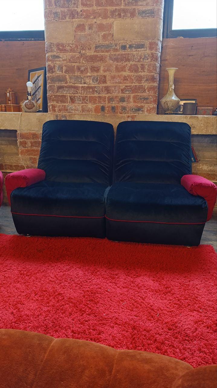 Vintage 1970s Modular Lounge Suite in Black Velvet with Raspberry Detailing