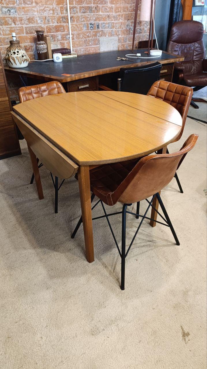 Vintage 1970s Drop-Leaf Dining Table with Four Mid-Century Style Leather Chairs