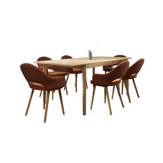 The Rowan Dining Set, Modern Revival Collection, Extendable Oak Table and Six Upholstered Dining Chairs