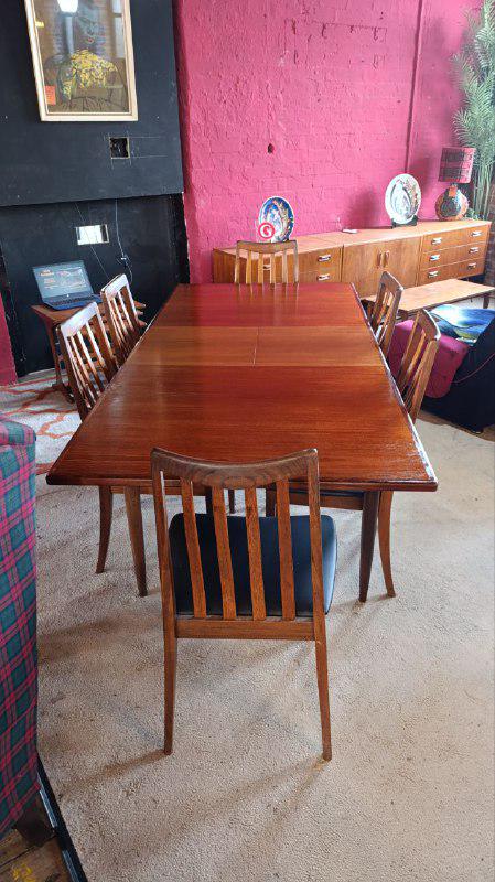 G Plan Fresco Extending Dining Table and Six Chairs, 1960s, Teak & Afromosia, Professionally Restored