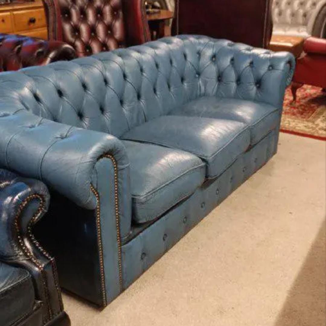 Blue Leather Chesterfield Sofa, Hand-Dyed, Late 20th Century