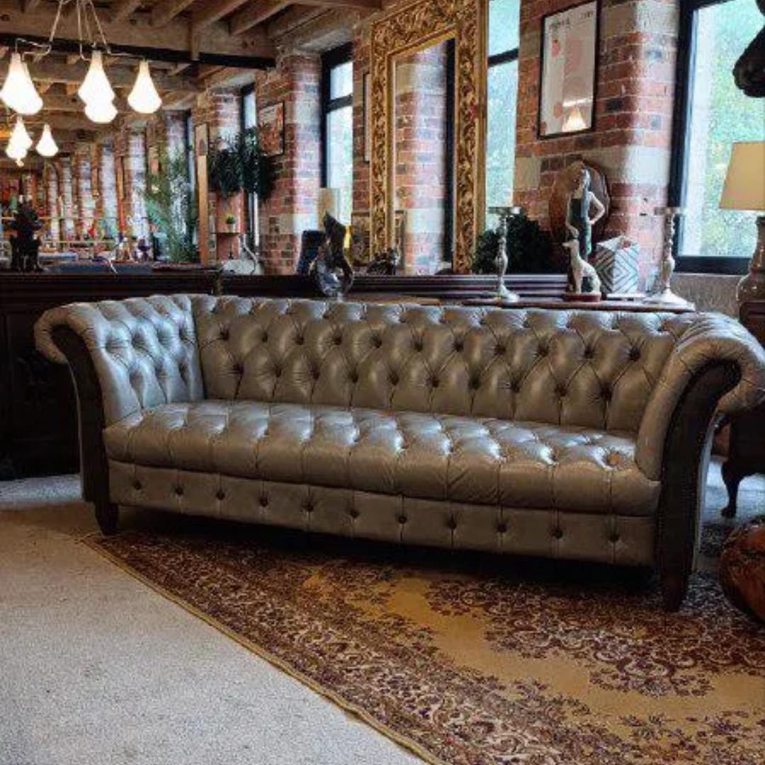 Vintage Grey Leather Chesterfield Style Sofa with Deep Button Tufting
