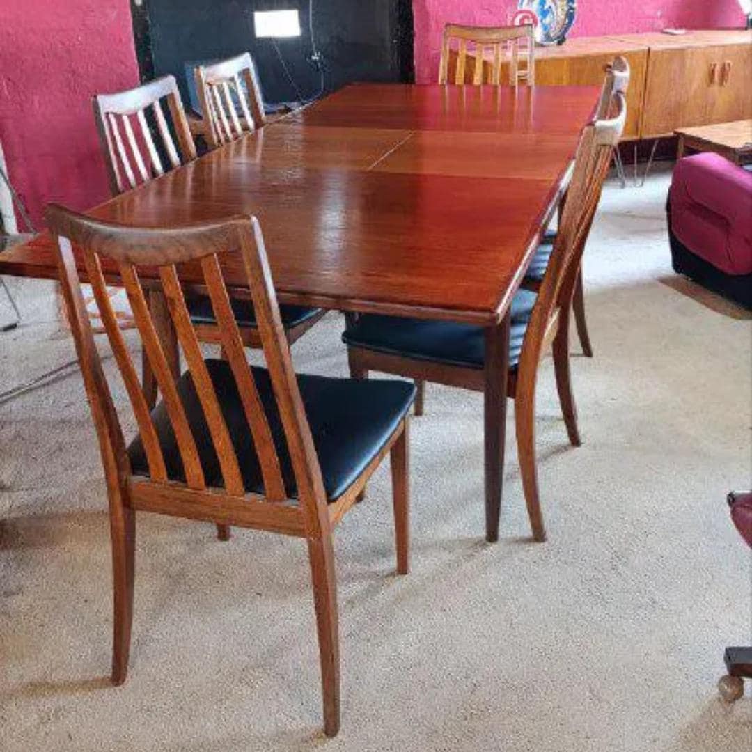 G Plan Fresco Extending Dining Table and Six Chairs, 1960s, Teak & Afromosia, Professionally Restored