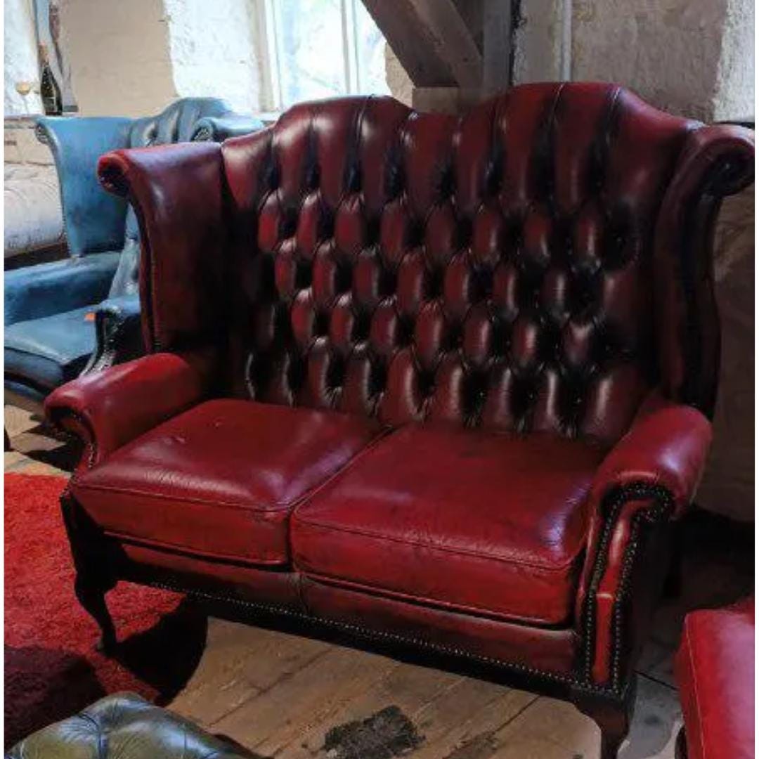 Edwardian Style Red Leather Chesterfield High-Back Sofa with Queen Anne Legs