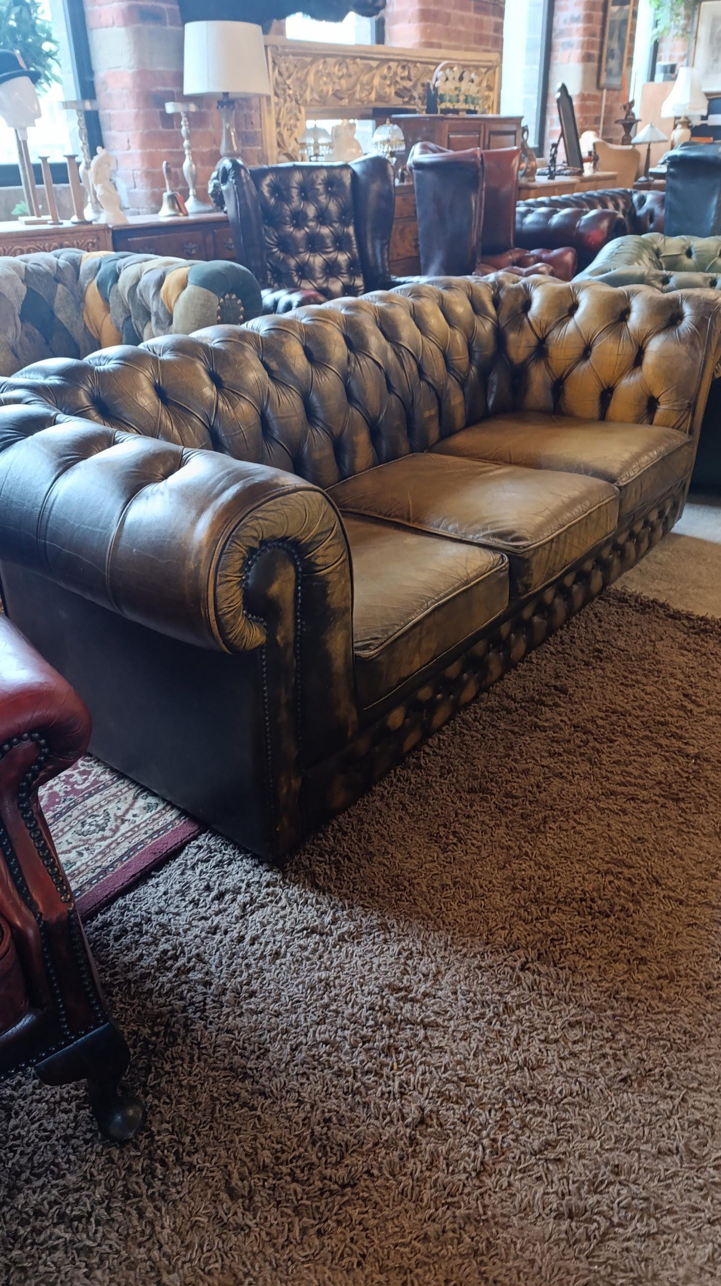 Vintage Tan Leather Chesterfield Sofa with Deep Button Tufting