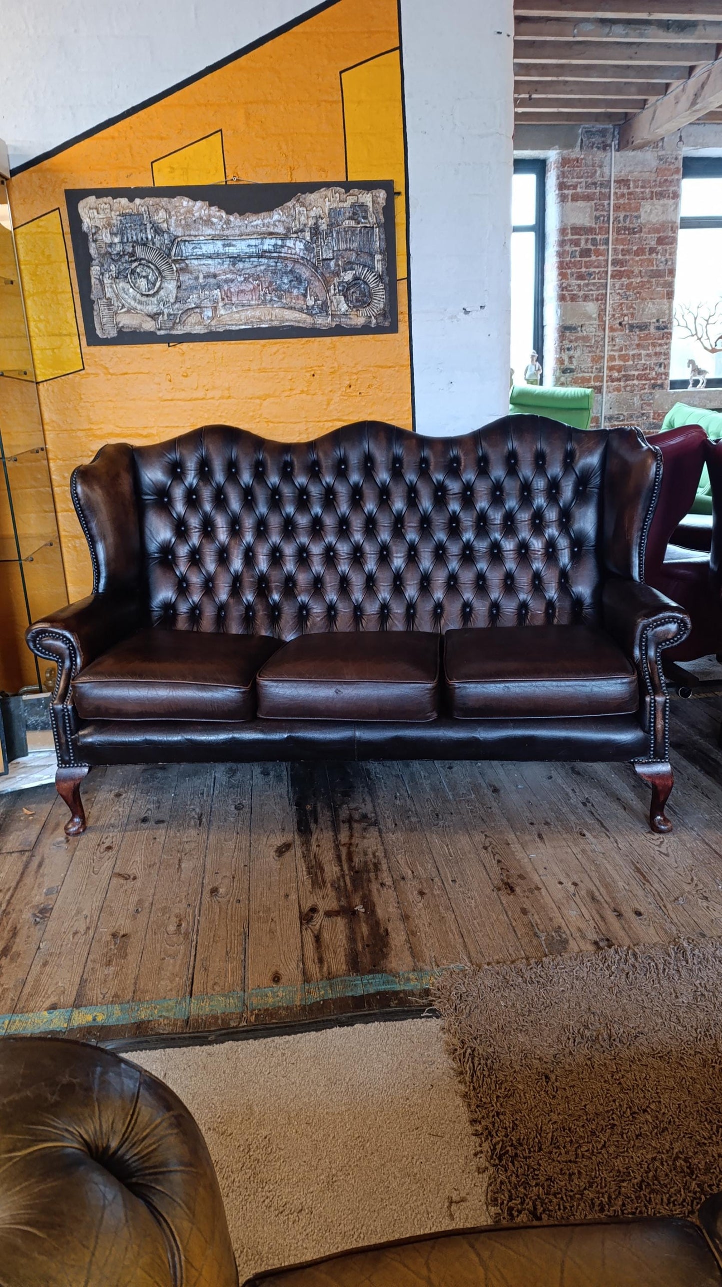 Vintage High-Back Leather Chesterfield Wingback Sofa