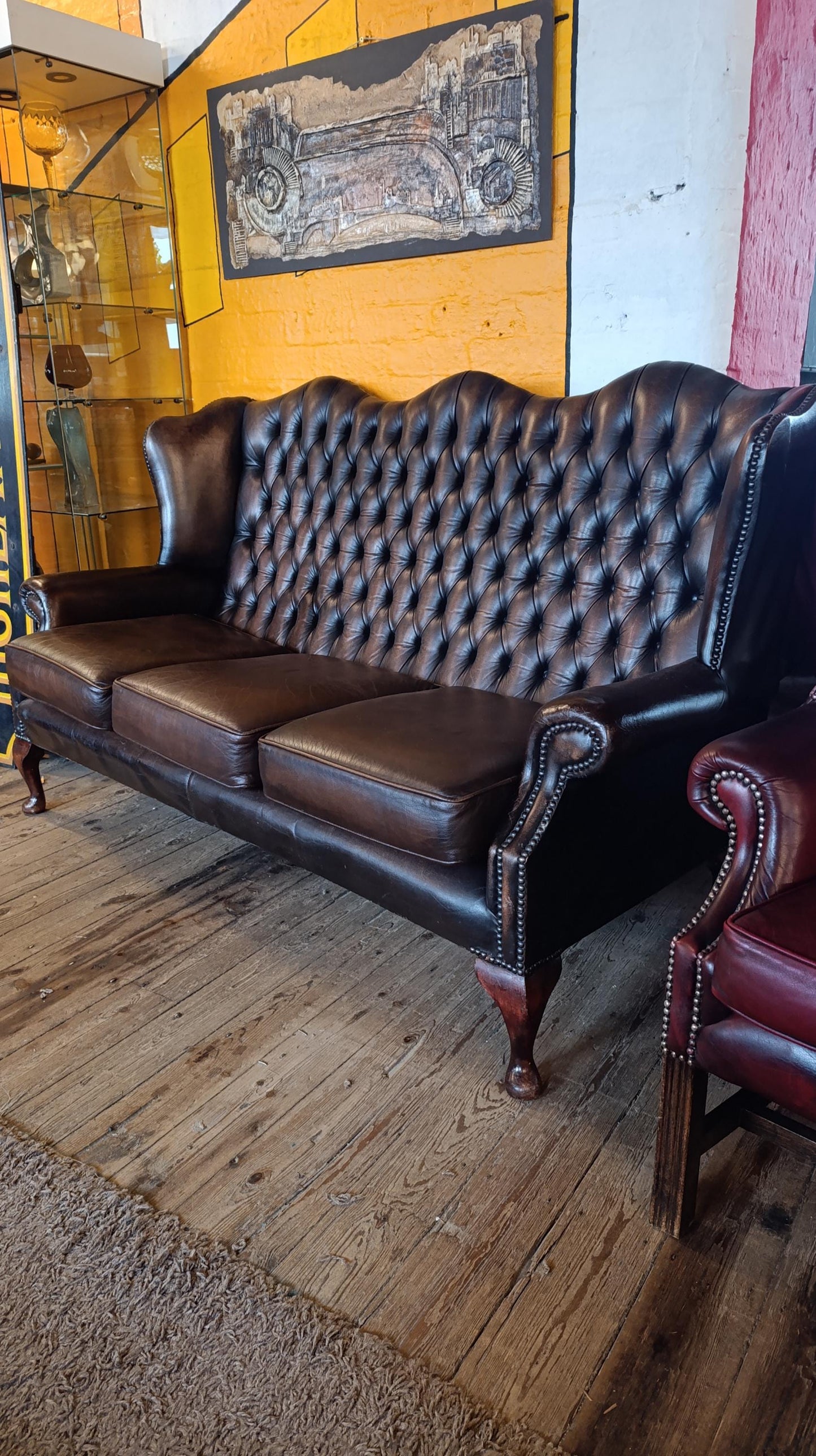 Vintage High-Back Leather Chesterfield Wingback Sofa