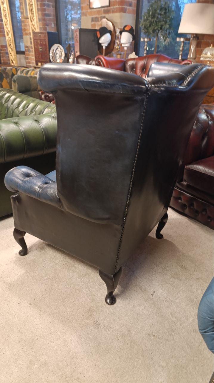 Blue Leather Chesterfield Armchair, Queen Anne Legs, Mid-Century Wingback