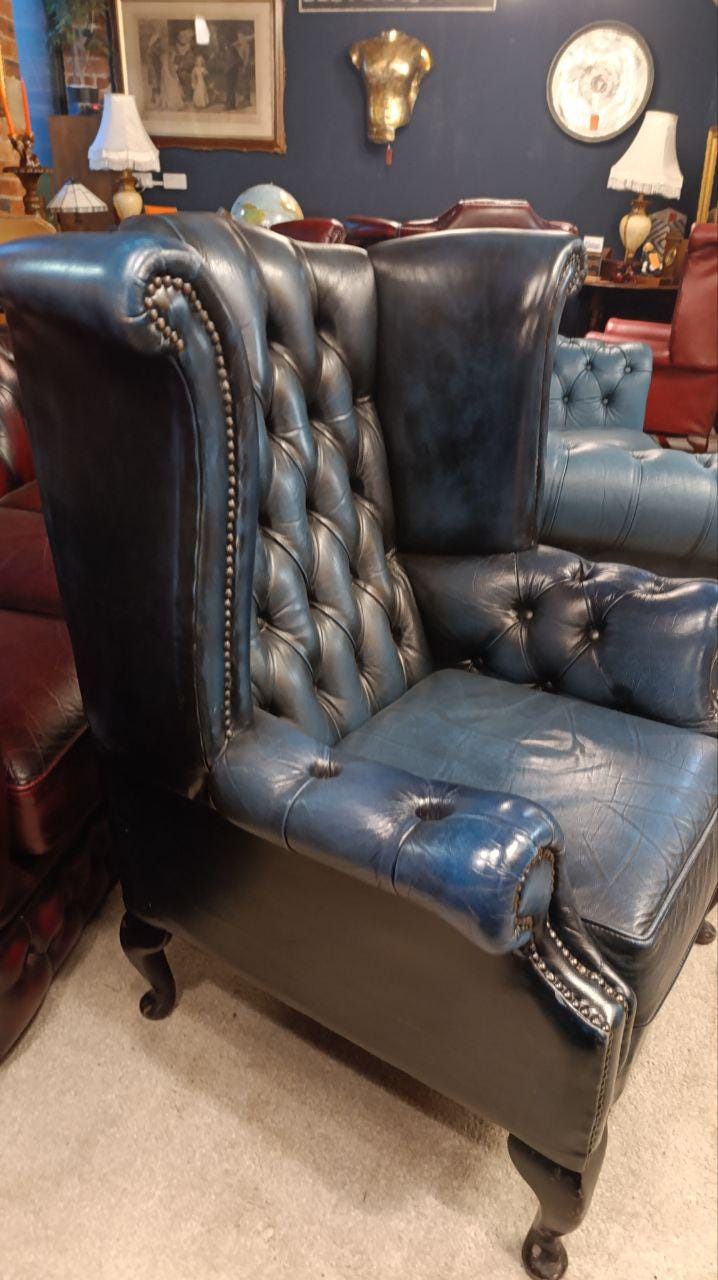 Blue Leather Chesterfield Armchair, Queen Anne Legs, Mid-Century Wingback