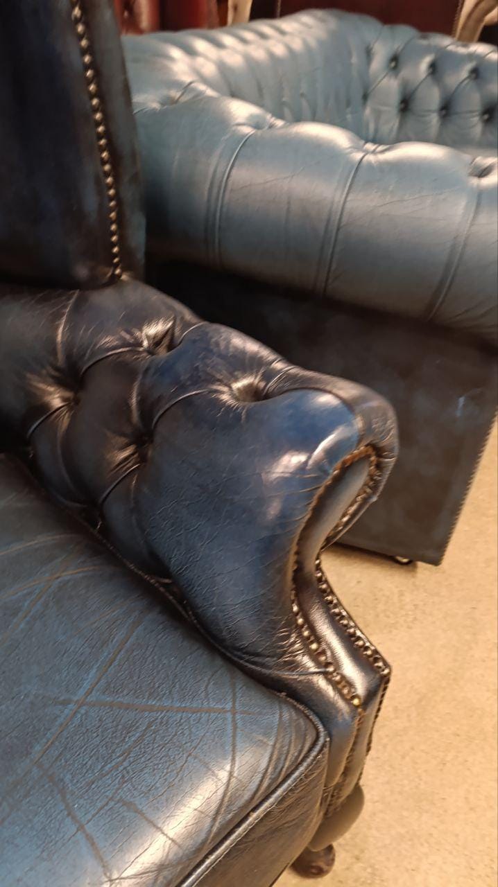 Blue Leather Chesterfield Armchair, Queen Anne Legs, Mid-Century Wingback