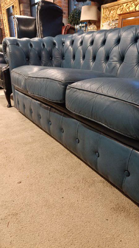 Blue Leather Chesterfield Sofa, Hand-Dyed, Late 20th Century