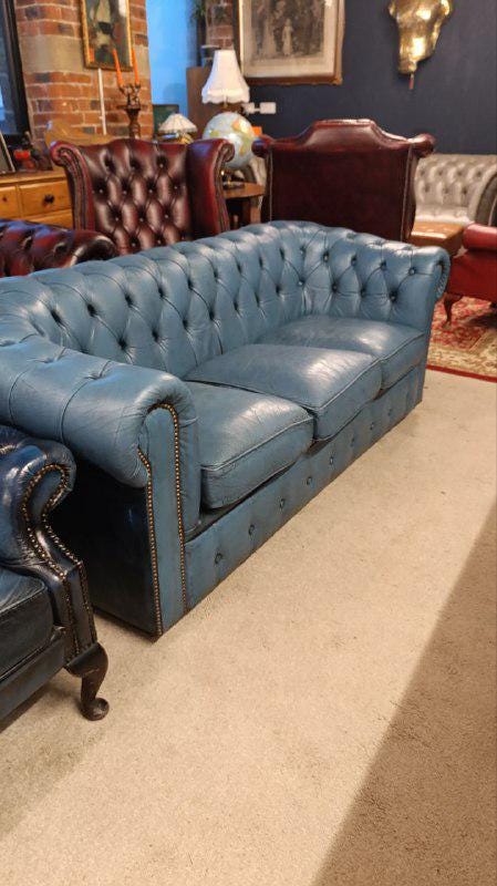Blue Leather Chesterfield Sofa, Hand-Dyed, Late 20th Century