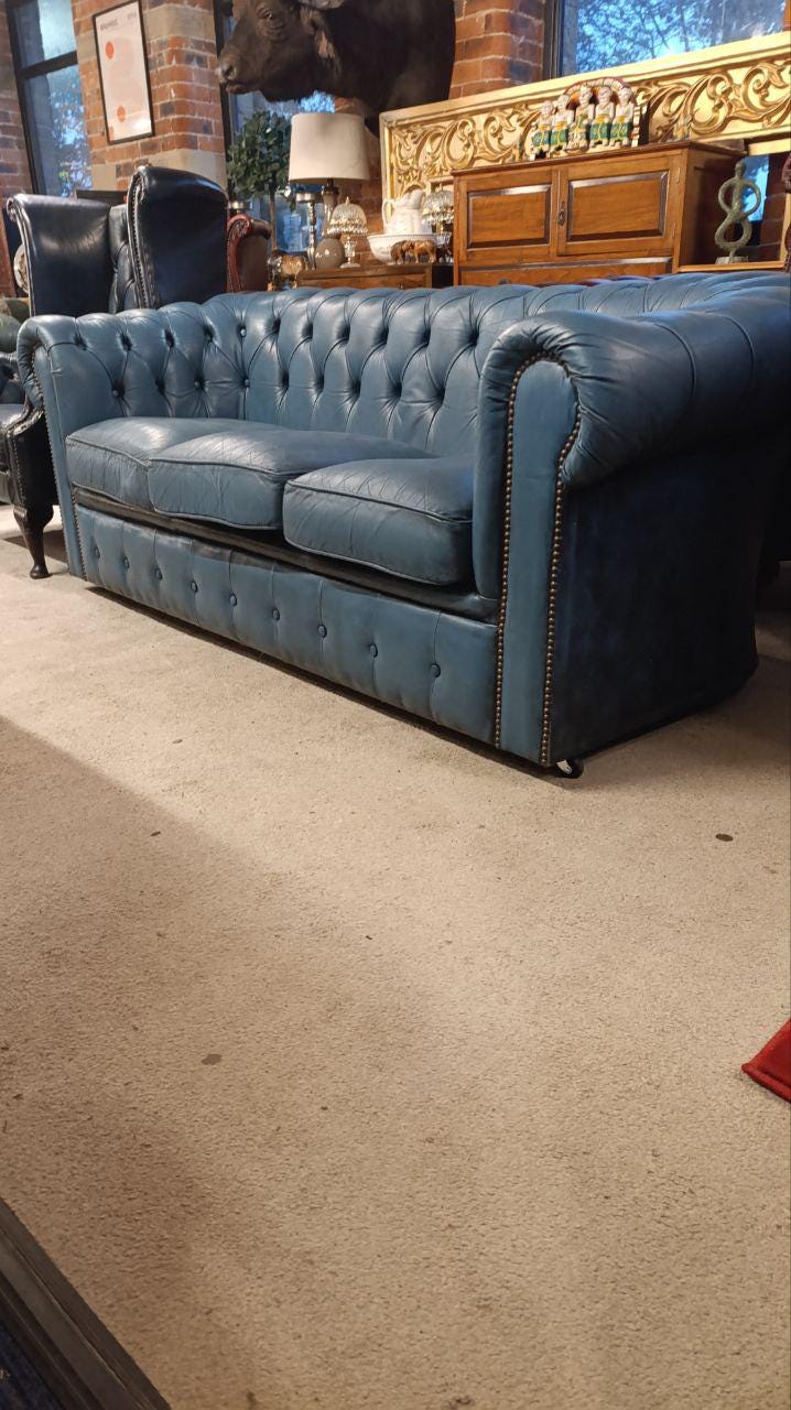 Blue Leather Chesterfield Sofa, Hand-Dyed, Late 20th Century