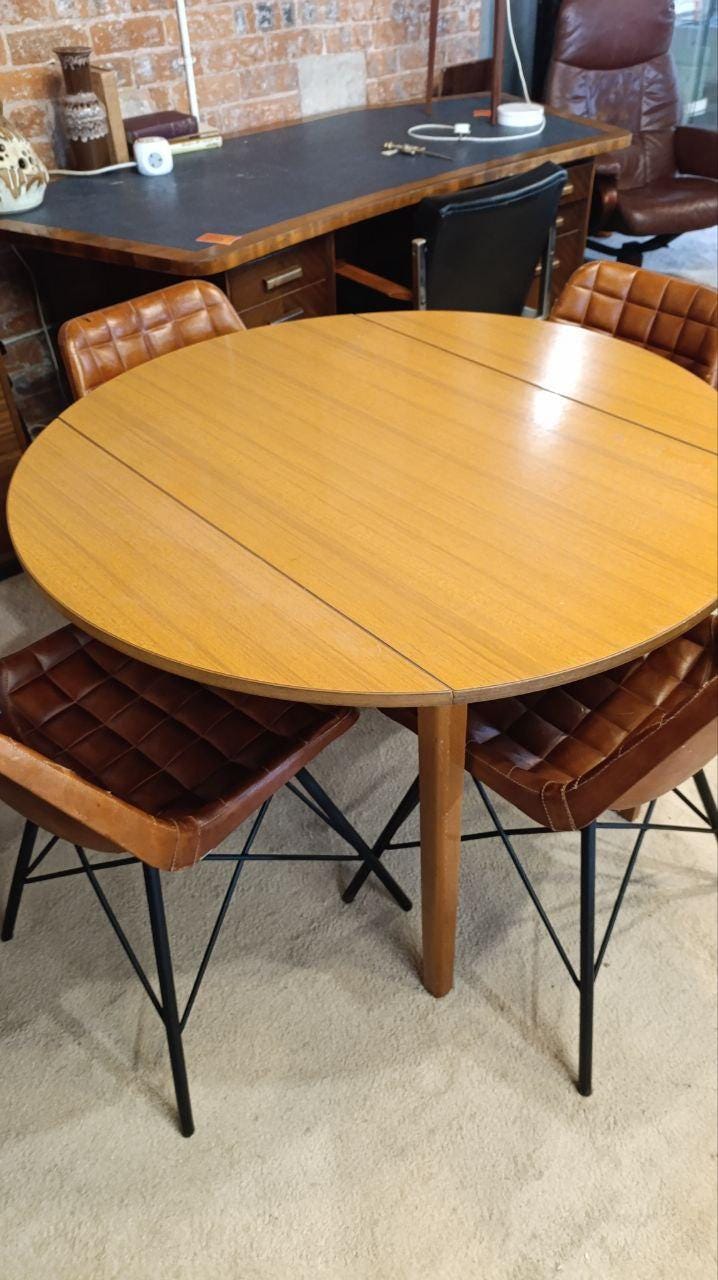 Vintage 1970s Drop-Leaf Dining Table with Four Mid-Century Style Leather Chairs