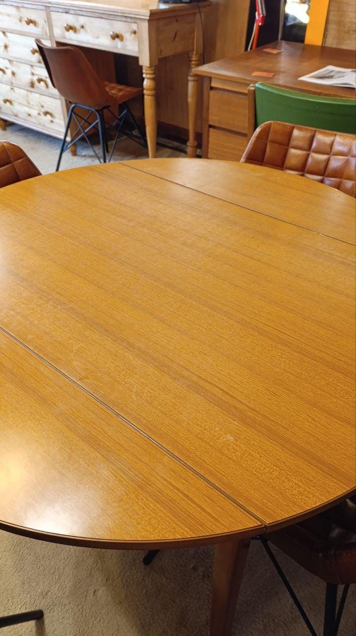 Vintage 1970s Drop-Leaf Dining Table with Four Mid-Century Style Leather Chairs