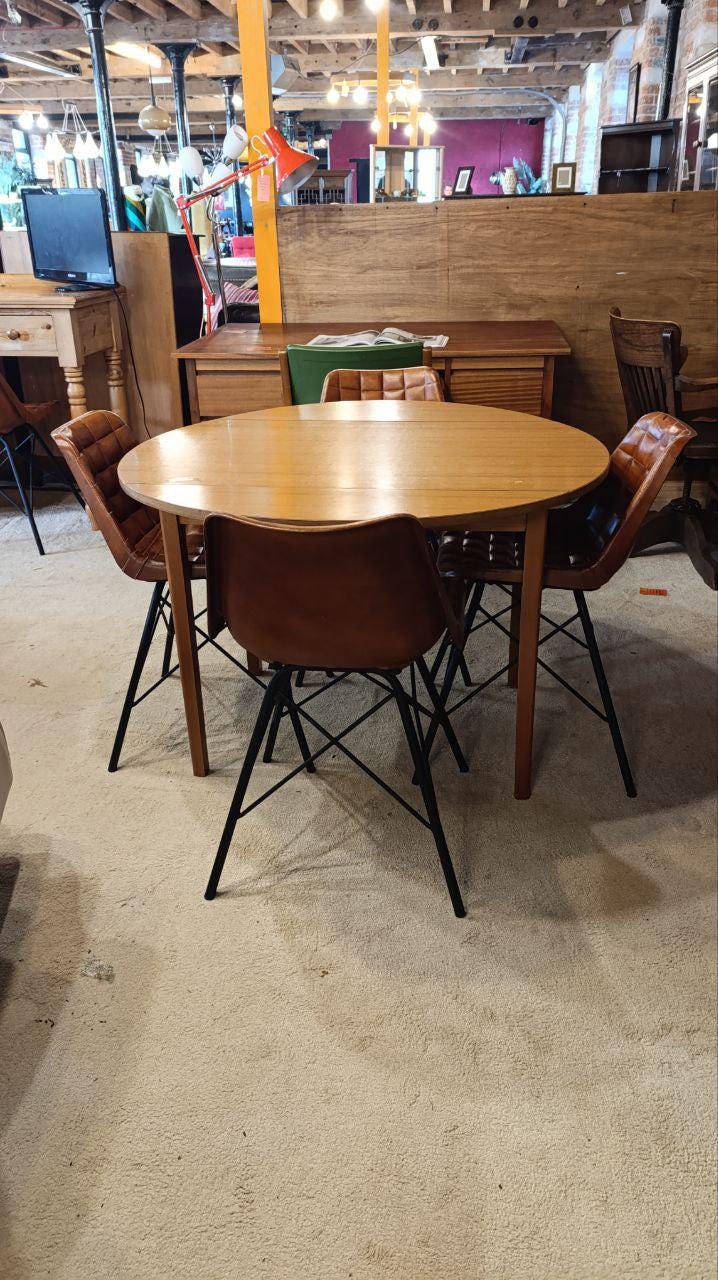Vintage 1970s Drop-Leaf Dining Table with Four Mid-Century Style Leather Chairs