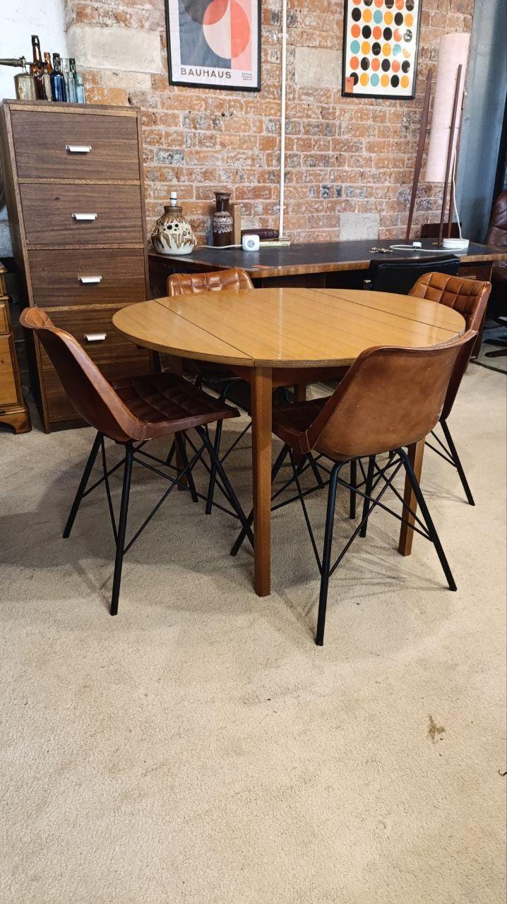 Vintage 1970s Drop-Leaf Dining Table with Four Mid-Century Style Leather Chairs