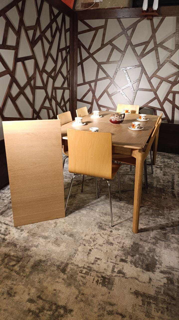 The Rowan Dining Set, Modern Revival Collection, Extendable Oak Table and Eight Bentwood Chairs