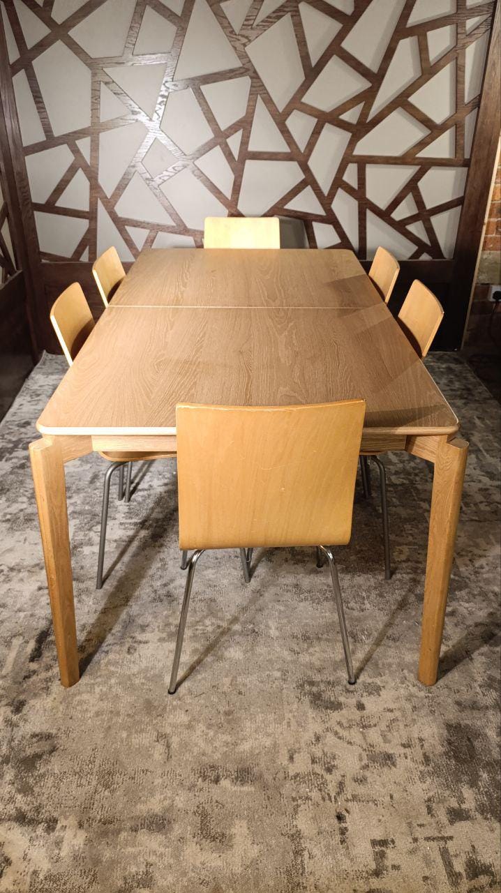 The Rowan Dining Set, Modern Revival Collection, Extendable Oak Table and Eight Bentwood Chairs